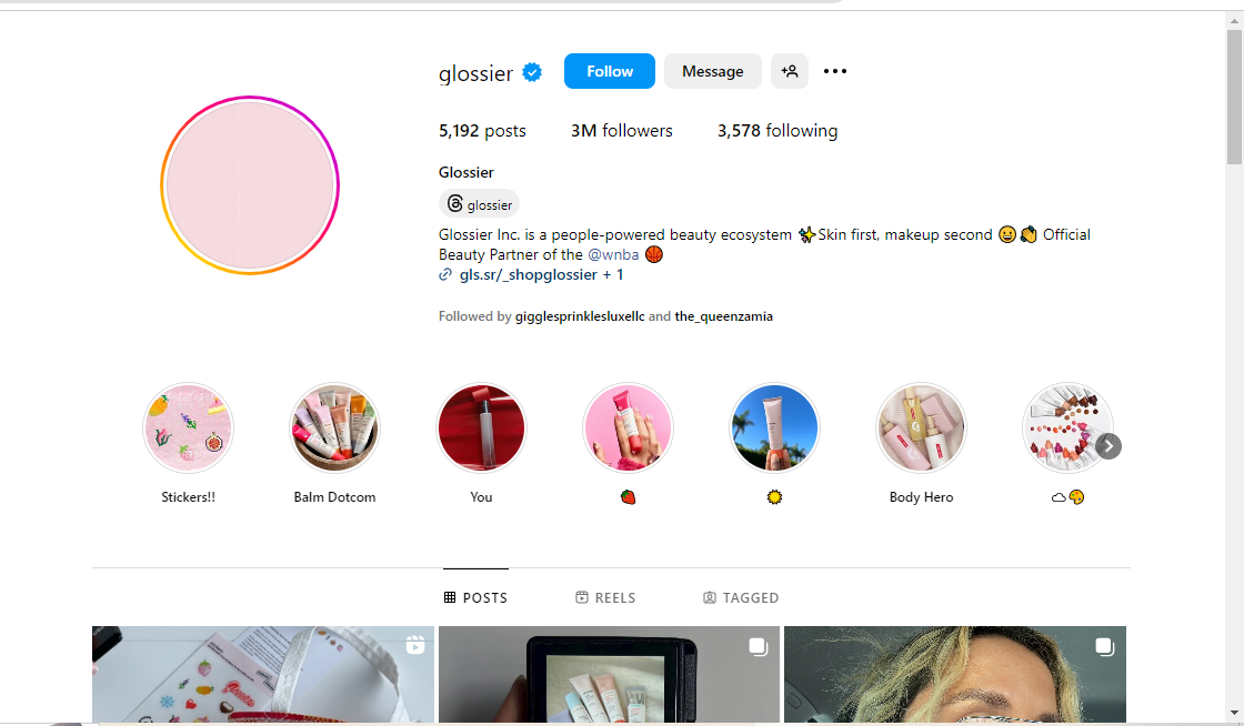 AScreenshot of the glossier Instagram page